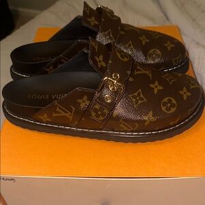Louis Vuitton Brown and Gold Monogram Mules